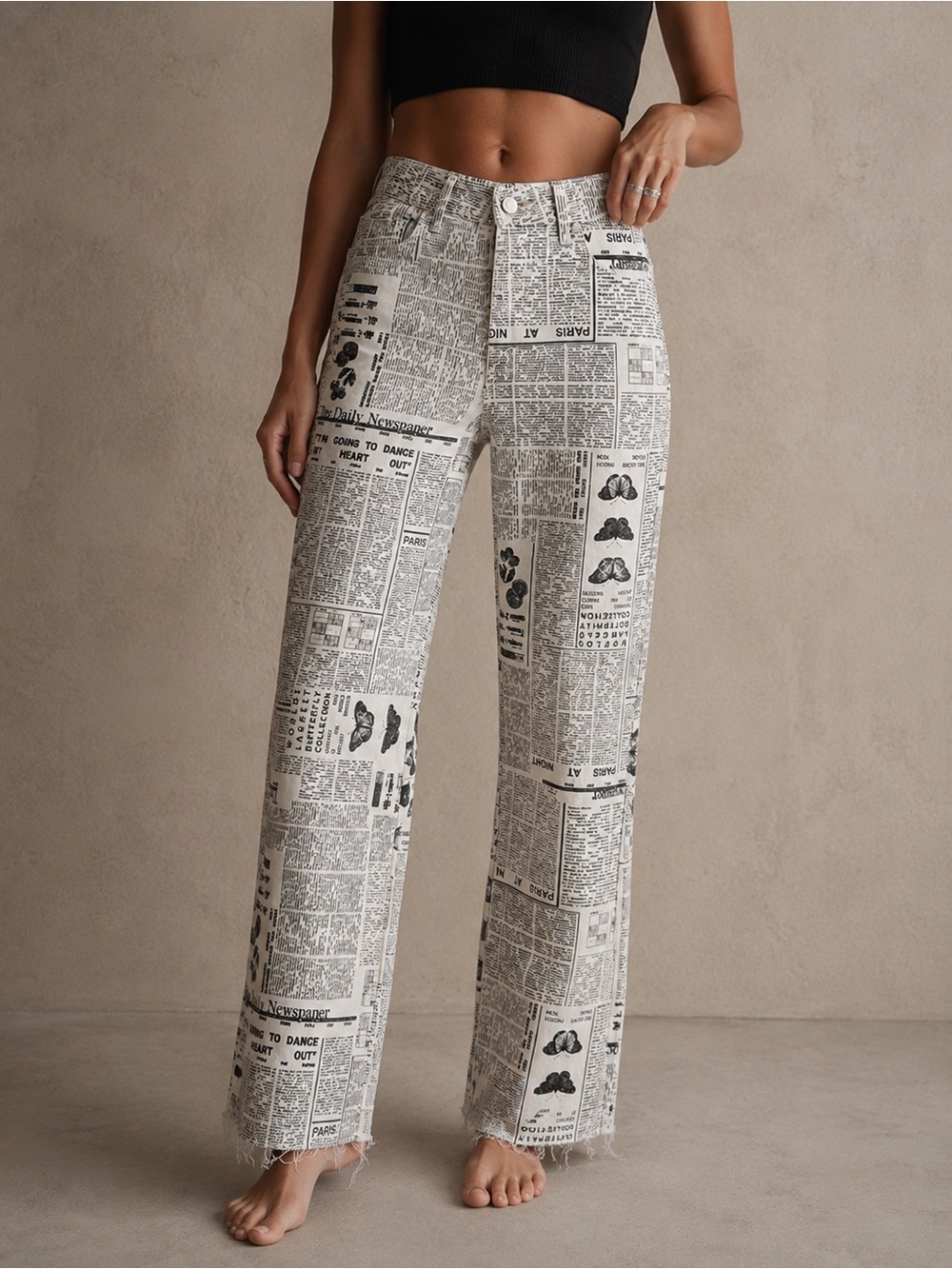 Zara Newspaper Print High Waist Straight Leg Jeans - Size 4